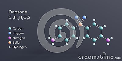 dapsone molecule 3d rendering, flat molecular structure with chemical formula and atoms color coding Stock Photo