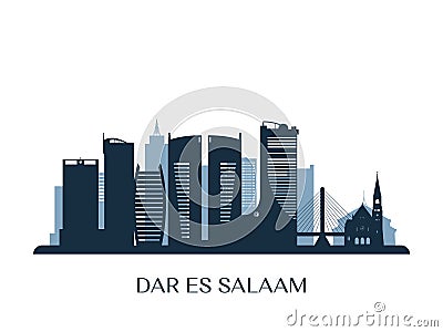 Dar es Salaam skyline, monochrome silhouette. Vector Illustration