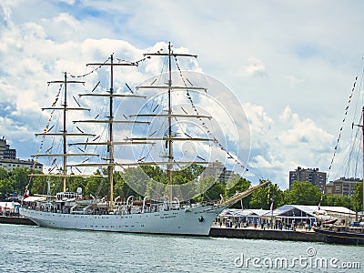 The Dar Mlodziezy, is a training ship from Gdynia, Poland. A Maritime University 3 mast Tall ship. It is navigating around the Editorial Stock Photo