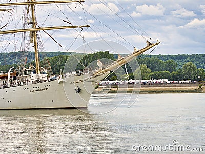 The Dar Mlodziezy, is a training ship from Gdynia, Poland. A Maritime University 3 mast Tall ship. It is navigating around the Editorial Stock Photo