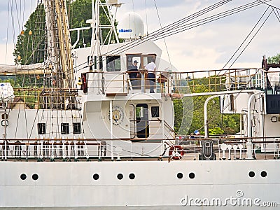 The Dar Mlodziezy, is a training ship from Gdynia, Poland. A Maritime University 3 mast Tall ship. It is navigating around the Editorial Stock Photo