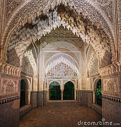 Daraxas Mirador at Nasrid Palaces of Alhambra at night - Granada, Andalusia, Spain Editorial Stock Photo