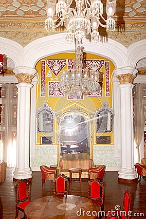 The darbar hall ornaments and furniture in the palace of bangalore. Stock Photo