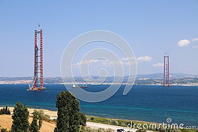 1915 Dardanelles Bridge or Canakkale Bridge construction in Turkey Stock Photo