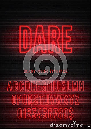 Dare night light glowing effect hollow font with numbers on dark brick background. Vector red neon alphabet Vector Illustration