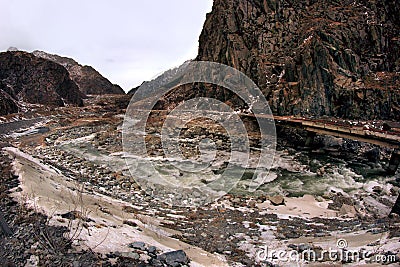 The Dariali Gorge and Terek river in winter in Georgia Stock Photo