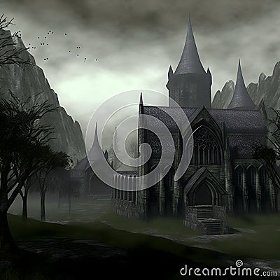 dark abandoned gothic church at overcast day, neural network generated art Stock Photo