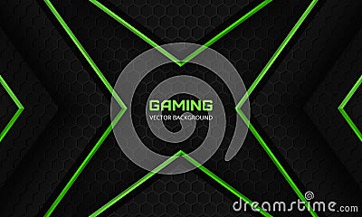Dark abstract gaming background with hexagon carbon fiber grid and green abstract arrows. Vector Illustration