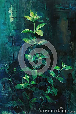 Dark abstract painting depicting green plants with a blue-toned background. Stock Photo