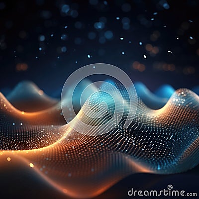 Dark abstract particles background with glowing wave. Shiny moving lines design element. Modern purple blue gradient Stock Photo