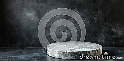 A dark abstract setting features a floating stone structure with detailed texture and prominent shadows Stock Photo