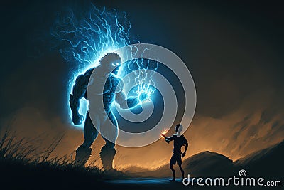 In the dark abyss, a human engages in a conflict against a colossal extraterrestrial monster. Fantasy concept , Illustration Stock Photo
