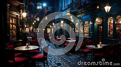 a dark alley at night with tables and chairs Stock Photo