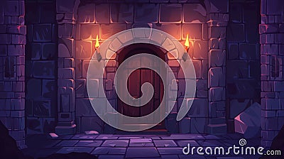 Dark ancient fantasy palace corridor interior illustration underground scene. A castle dungeon brick wall cartoon Cartoon Illustration