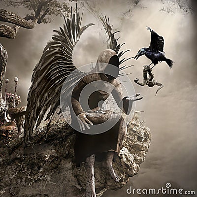 Dark angel and a crow Stock Photo