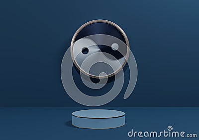 Dark, aqua blue 3D rendering product display background simple, minimal with metallic Yin and yang symbol podium or stand with Stock Photo