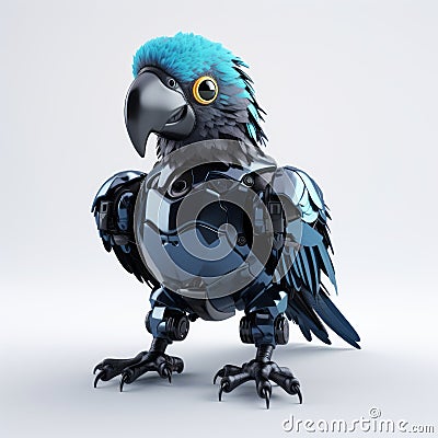 Dark Azure Robot Parrot: A Stunning 3d Rendering Of An Exotic Poodlepunk Pet Stock Photo