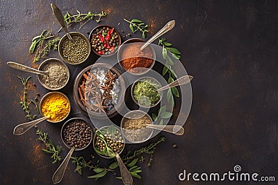 Dark background enhances the beauty of spices and herbs Stock Photo