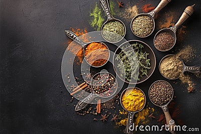 Dark background enhances the beauty of spices and herbs Stock Photo