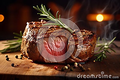 dark background fried beef grill raw red food steak cut meat. Generative AI. Stock Photo