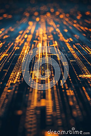 A dark background with glowing digital binary code streams. Stock Photo