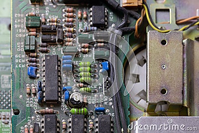 Dark background of old electromechanic closeup with dust and sel Stock Photo