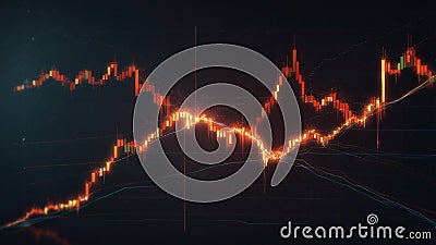 on dark background, orange columns and colored lines on the graph show the analysis of indicators Stock Photo