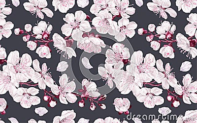 Seamless pattern spring flowers fruit trees on dark background. Vector Illustration