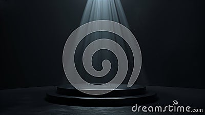 Dark background with a soft spotligth en the center, a minimalist podium in the center, front side view. Generated by artificial Stock Photo