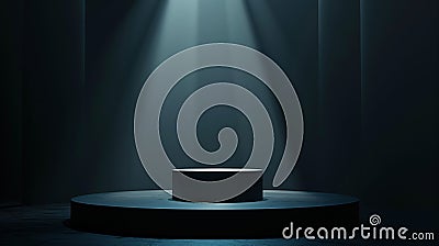 Dark background with a soft spotligth en the center, a minimalist podium in the center, front side view. Generated by artificial Stock Photo