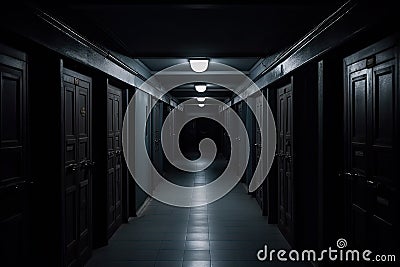 Dark backroom, many ways empty and labyrinth. AI generative Stock Photo