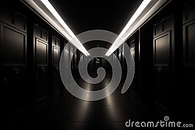 Dark backroom, many ways empty and labyrinth. AI generative Stock Photo