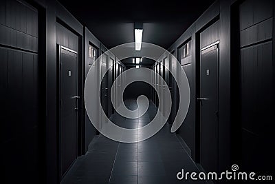 Dark backroom, many ways empty and labyrinth. AI generative Stock Photo