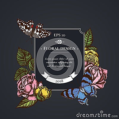 Dark badge design with lemon butterfly, alcides agathyrsus, roses Vector Illustration