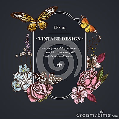 Dark badge design with shepherd s purse, heather, iris japonica, sakura, gypsophila, almond, lemon butterfly, african Vector Illustration