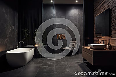 Dark bathroom interior with black wooden walls, white bathtub. Stock Photo