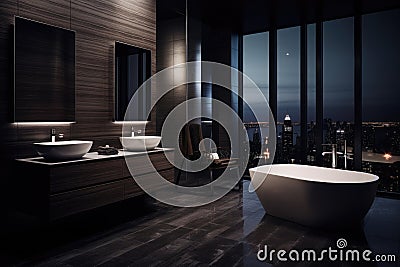 Dark bathroom interior with black wooden walls, white bathtub. Stock Photo