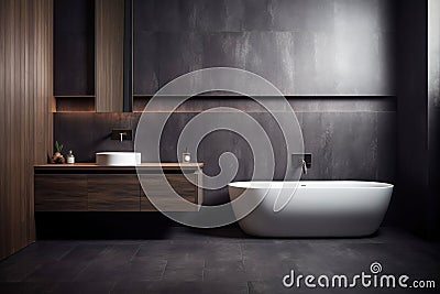 Dark bathroom interior with black wooden walls, white bathtub. Stock Photo