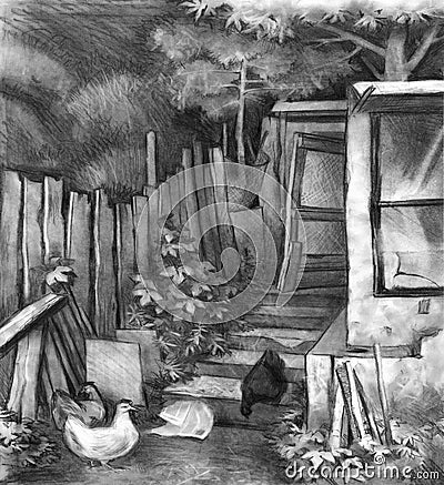 Chickens in the yard near the barn. Pencil drawing Stock Photo