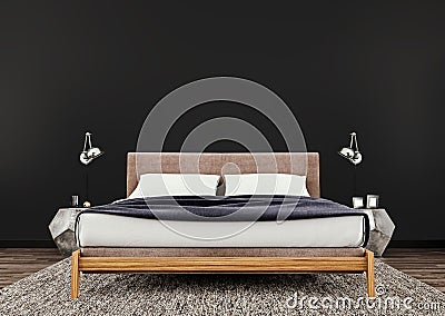 Dark, black horizontal mock up poster frame in modern interior background, designer bed with clean bedding in modern bedroom Cartoon Illustration