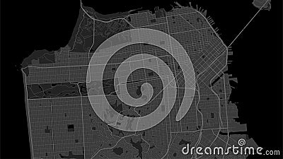 Dark black San Francisco city area vector background map, roads and water illustration. Widescreen proportion, digital flat design Vector Illustration