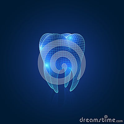 Dark Blue Abstract Vector Wireframe Polygonal Mesh Tooth With Reflection Vector Illustration