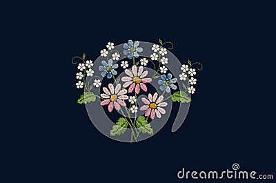 Dark blue background with a pattern for embroidery a bouquet of white flowers with violets and Margarita flowers on twigs and leav Stock Photo