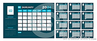 2024 dark blue Calendar Desktop Planner Template. Corporate business wall or desk simple Planner calendar Vector Illustration