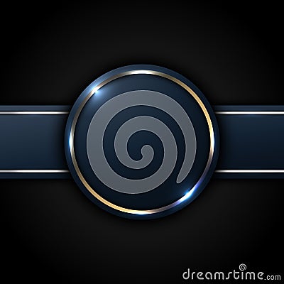 Dark blue circle and stripe label with golden line decoration on black background luxury style Vector Illustration