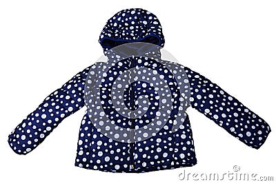 Dark blue female jacket in polka dots with hood Stock Photo