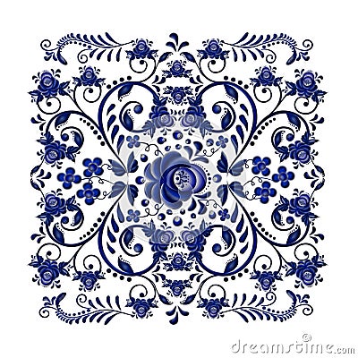 Dark blue floral ornament in national Russian style Gzhel on white background. Vector Illustration