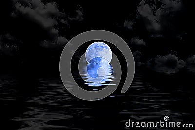 Dark blue full moon in cloud with water reflection Stock Photo