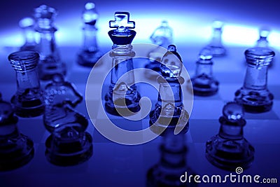 Dark blue glass chessboard Stock Photo