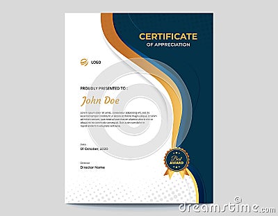 Vertical Dark Blue and Gold Waves Certificate Design Vector Illustration